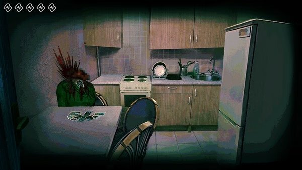 Screenshot from "No, I'm Not A Human" showing a kitchen with a zombie-like creature and cards on the table.