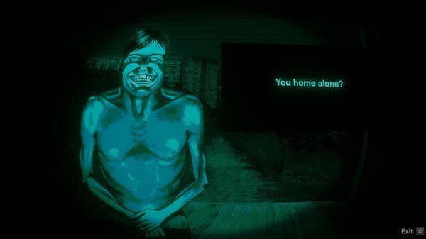 Screenshot from 'No, I'm Not A Human' showing a shirtless figure in a dark setting with a text box asking, "You home alone?"