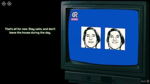 Screenshot from 'No, I'm Not A Human' showing a retro TV displaying two pixelated faces and text advising to stay calm and indoors.
