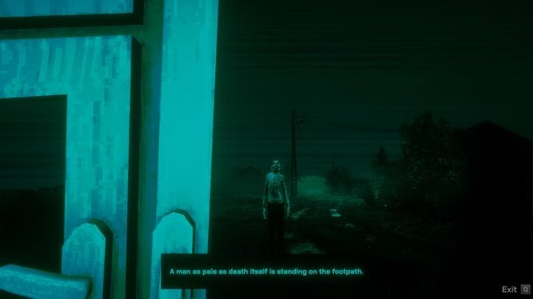 Screenshot from "No, I'm Not A Human": A figure stands on a dark path, illuminated by eerie green light.