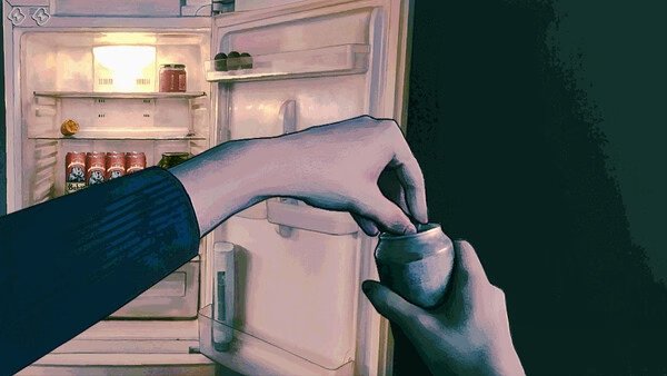 Screenshot from 'No, I'm Not A Human' showing a hand reaching into a refrigerator to grab a can, with drinks and food items visible.