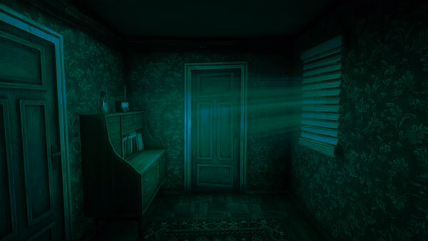 A screenshot from 'No, I'm Not A Human' showing a dimly lit green room with a glowing light beam streaming through a window.