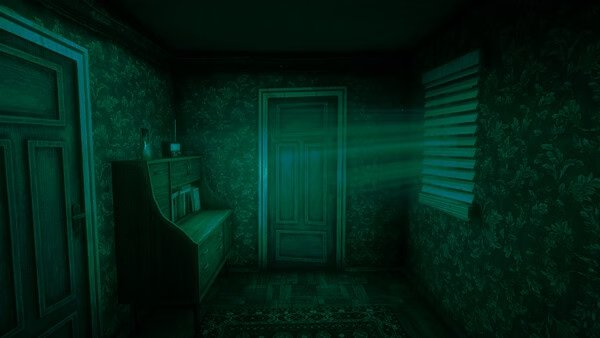 A screenshot from 'No, I'm Not A Human' showing a dimly lit green room with a glowing light beam streaming through a window.
