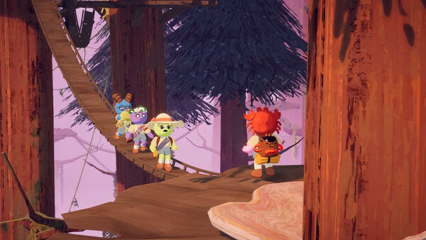 Screenshot from the game PEAK showing characters crossing a wooden bridge in a forest with towering trees.