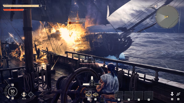 Windrose screenshot: A sailor fires a cannon at an enemy ship engulfed in flames on the open sea during an intense naval battle.