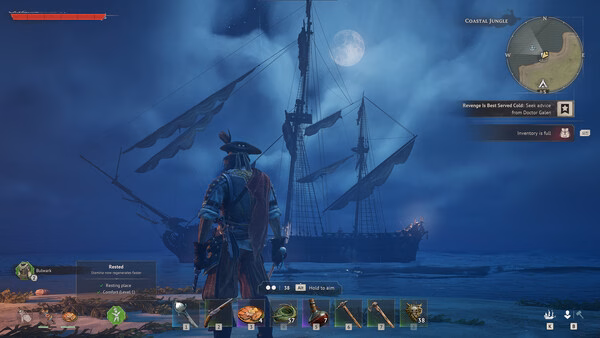 A Windrose screenshot featuring a pirate character onshore, gazing at a moonlit ship under a cloudy night sky.