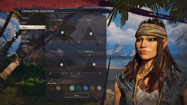 Screenshot from Windrose showing the character creation screen with options for head features and a character standing on a beach.