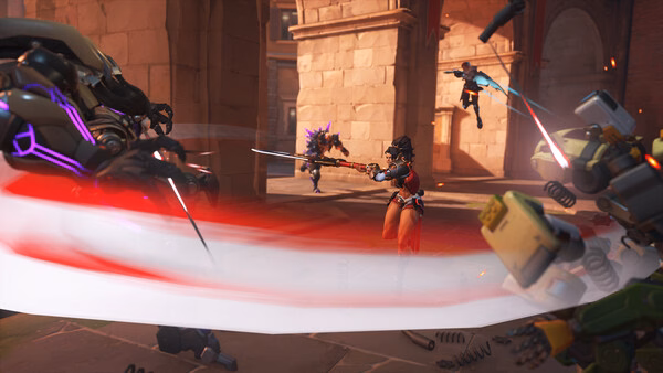 Overwatch® screenshot showing a fierce battle with heroes in action, swords clashing, and energy effects in a medieval setting.
