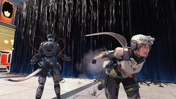 Apex Legends™ screenshot: Two legends stand near a shimmering energy barrier, one facing away and the other mid-action in futuristic gear.