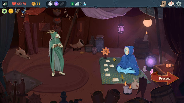 A "Slay the Spire 2" screenshot showing a character in a cloak facing a seated blue-robed figure in a dimly lit room.