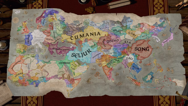 Crusader Kings III screenshot: A detailed map displaying various kingdoms and territories, including Cumania, Seljuk, and Song.