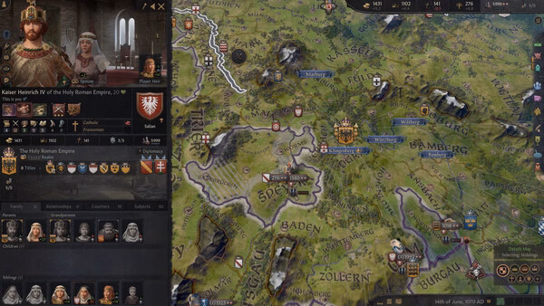 Crusader Kings III screenshot showing a detailed map of the Holy Roman Empire with a character profile of Kaiser Heinrich IV.