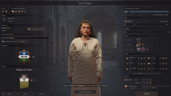 Crusader Kings III screenshot: Ruler Designer interface showing Count Kahina Terminel of the Wilayah of Tahert with customization options.