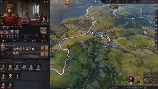 Crusader Kings III screenshot: King Philippe of France on the character panel with a detailed map view of his kingdom and vassals.