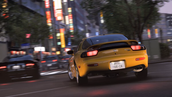 A Forza Horizon 6 screenshot showing a yellow sports car speeding through a brightly lit city street at night.