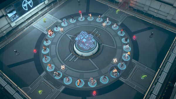 Eternal Return screenshot: A futuristic arena with multiple characters in a circle around a glowing central console.