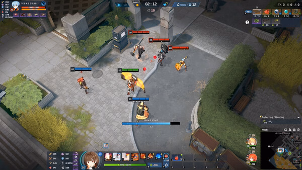 Screenshot from Eternal Return showing a top-down battle scene with characters engaging in combat on a paved area.