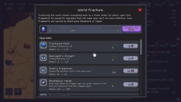 Screenshot of the game 'Fracture Field' showing a menu with various upgrade options and resources available for the player.