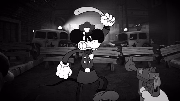 Screenshot from MOUSE: P.I. For Hire showing a cartoon mouse detective in a police uniform, raising a baton in a gritty street setting.