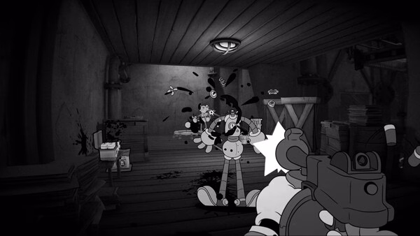 Screenshot from 'MOUSE: P.I. For Hire' showing the main character in a detective office holding a gun in a noir-style scene.