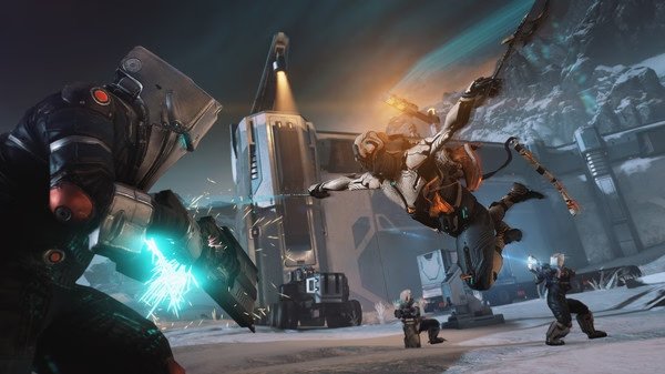 Warframe screenshot: A Tenno in mid-air combat, wielding a melee weapon against armored enemies in a snowy, futuristic landscape.