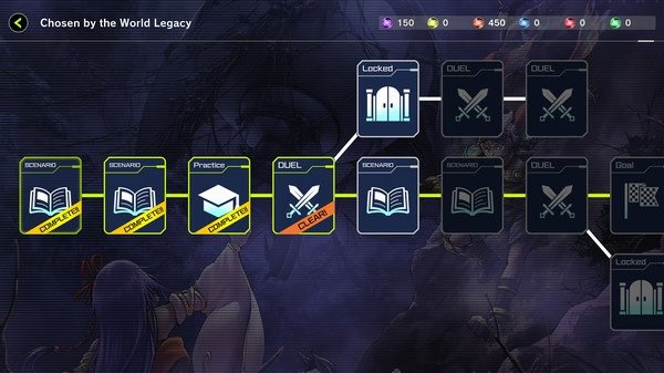 Yu-Gi-Oh! Master Duel screenshot showing a progress map with completed and locked duels, and various scenario icons.