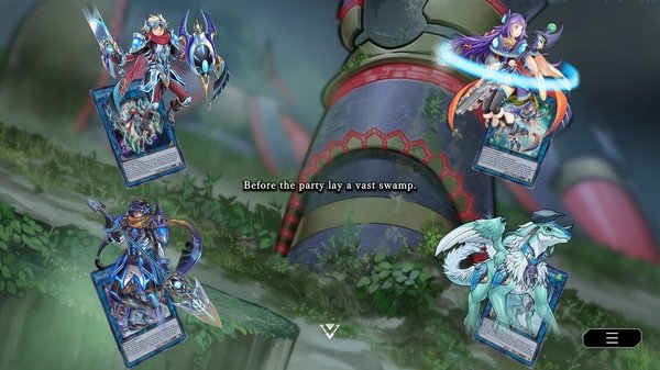 Yu-Gi-Oh! Master Duel screenshot showing four cards with mystical creatures and a message about a vast swamp in the background.