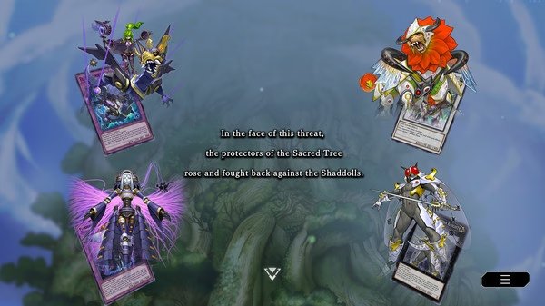 Screenshot of Yu-Gi-Oh! Master Duel showing four cards with detailed monster artwork and a tree background in a duel scene.