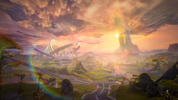 Screenshot from Wuthering Waves showing a vibrant, futuristic landscape with curved structures and a dramatic sky at sunset.