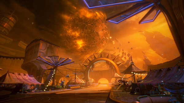Screenshot from Wuthering Waves showing a futuristic market under a fiery sky with a large, fragmented sphere overhead.