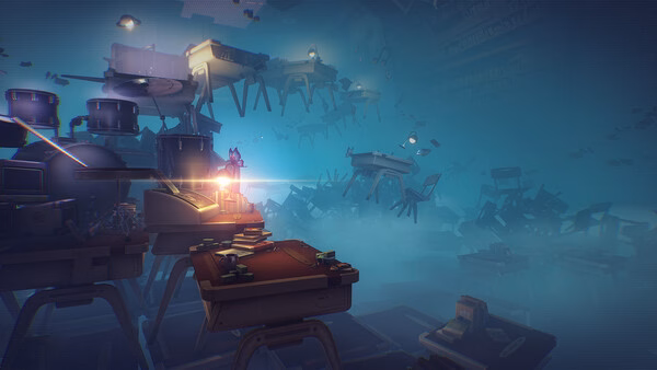 Screenshot from Wuthering Waves: A surreal scene with floating desks and chairs in a misty environment, illuminated by a mysterious light.