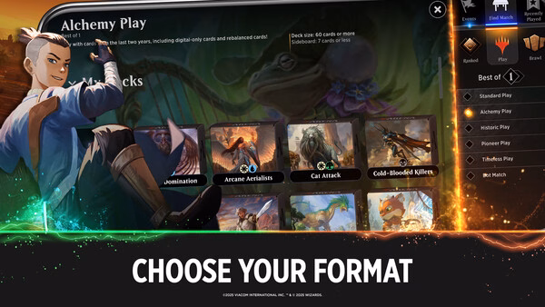Magic: The Gathering Arena screenshot showing the Alchemy Play mode screen with deck options like Arcane Artisans and Cat Attack.