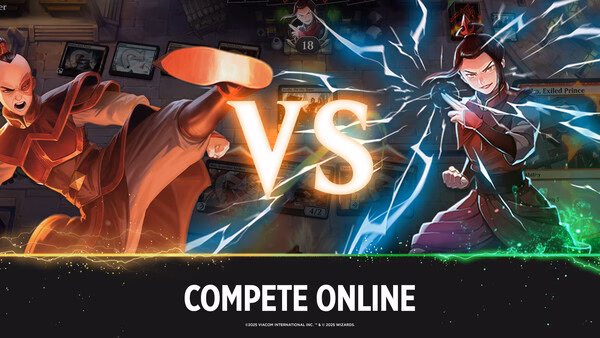 Magic: The Gathering Arena screenshot showing two characters mid-battle with lightning effects and "VS" text prominently displayed.