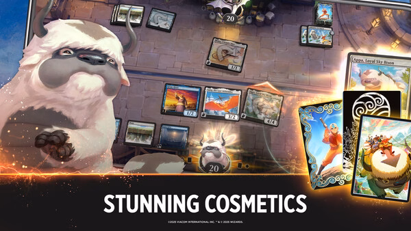 Screenshot of Magic: The Gathering Arena showcasing a match with cards, a creature, and promotional cosmetics on display.