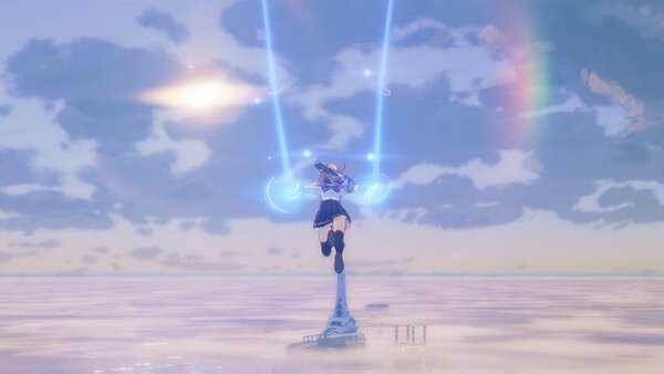 Screenshot from ブループロトコル:スターレゾナンス showing a character in mid-air with glowing blue trails under a vibrant sky.