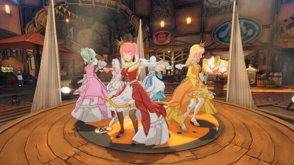 Screenshot from ブループロトコル:スターレゾナンス showing characters in colorful dresses dancing on a wooden stage in a lively town.