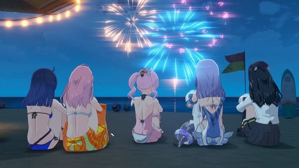 Screenshot from ブループロトコル:スターレゾナンス showing five characters in swimsuits watching colorful fireworks on a beach at night.