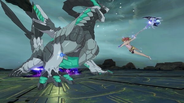Screenshot from ブループロトコル:スターレゾナンス showing a character in mid-air combat with a large dragon-like creature.