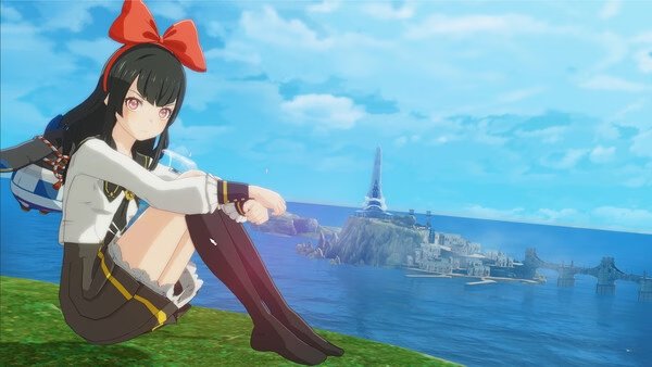 Screenshot from ブループロトコル:スターレゾナンス showing a character with a red bow sitting on grass, overlooking the sea.