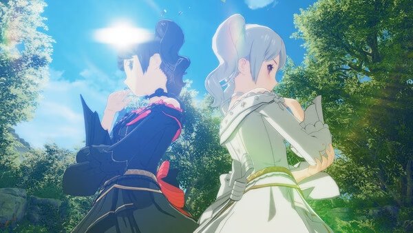 Screenshot from ブループロトコル:スターレゾナンス showing two characters standing back-to-back in a lush, sunlit forest.