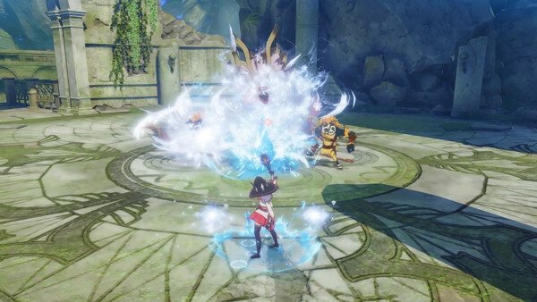 Screenshot from ブループロトコル:スターレゾナンス showing a character casting a spell in a stone arena, facing a creature.