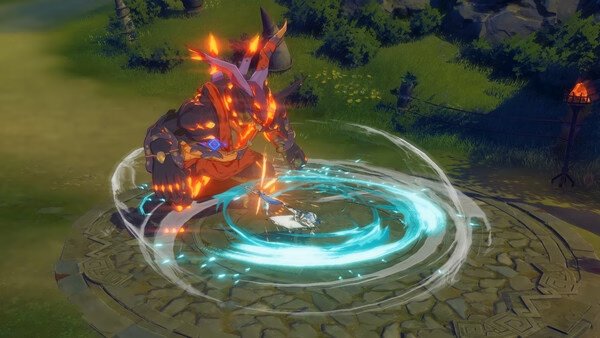 Screenshot from ブループロトコル:スターレゾナンス showing a fiery armored creature in a dynamic attack pose on a stone platform.