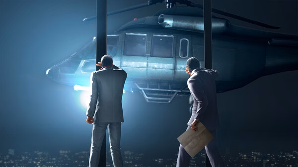 Screenshot from Yakuza Kiwami 3 & Dark Ties showing two characters in suits facing a hovering helicopter at night.