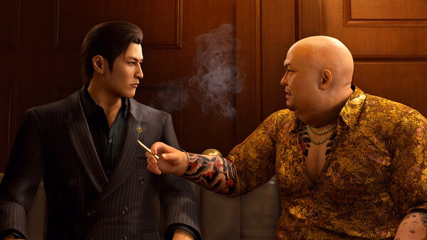 Screenshot from Yakuza Kiwami 3 & Dark Ties shows two characters in conversation, one holding a cigarette with smoke rising.
