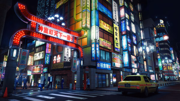Yakuza Kiwami 3 & Dark Ties screenshot: A vibrant street at night with neon signs and a yellow taxi on the road.
