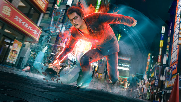 A screenshot from Yakuza Kiwami 3 & Dark Ties shows a glowing character attacking an opponent in a bustling neon-lit street.