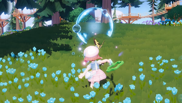 A Heartopia screenshot showing a player chasing butterflies in a grassy meadow surrounded by blooming flowers and tall trees.