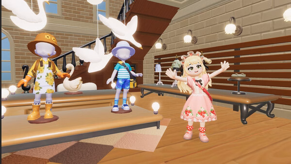 Heartopia screenshot: Three characters in colorful outfits pose indoors surrounded by white birds on a wooden stage.