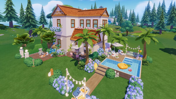 Screenshot from Heartopia showing a charming house with a pool, surrounded by lush greenery and decorated with string lights.
