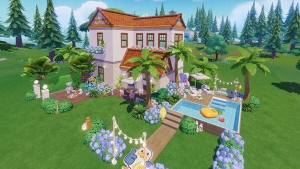 Screenshot from Heartopia showing a charming house with a pool, surrounded by lush greenery and decorated with string lights.